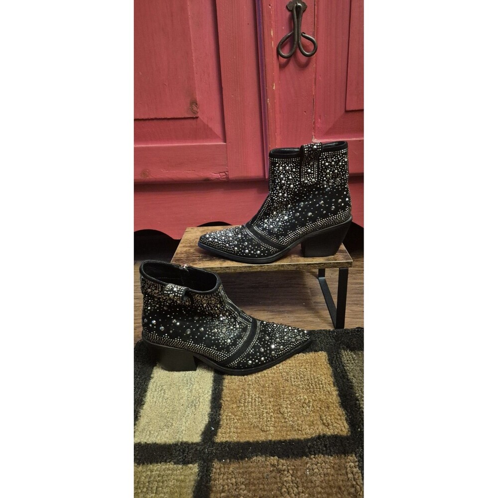 ISNOM Womens 6 Rhinestone Cowboy Boots Pointed Toe Block Heel  Ankle Shoes EUC